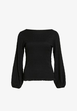 Svart langermet topp med firkantet utringning, laget av teksturert stoff og med rynkede mansjetter. Designet er innsvinget ved midjen.