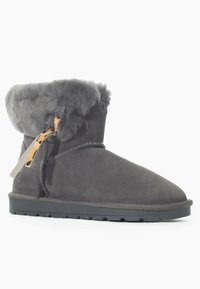 Stivaletto in suede grigio con fodera in morbido pelo, zip laterale e suola in gomma testurizzata; presenta un'altezza ridotta e un design semplice.