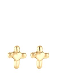 Boucles d'oreilles à clou en ton doré présentant un design de croix avec une forme de cœur au centre, texture lisse et bords arrondis.