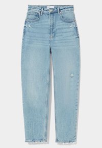 Ljusblå högmidjade jeans med slitna detaljer, femficksdesign och fransad nederkant, tillverkade av denimtyg med en mjuk textur.