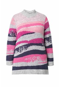 Maglione lavorato a maglia con collo alto, caratterizzato da motivi a onda nei toni rosa, viola e grigio. Polsini e orlo a costine; texture morbida.