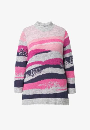 Suéter de punto con cuello alzado, con patrones de olas en rosa, púrpura y gris. Puños y dobladillo acanalados; textura suave.
