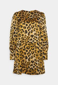 Leopard print dress featuring a golden yellow and black color scheme, long puff sleeves, and a round neckline with a back button closure.