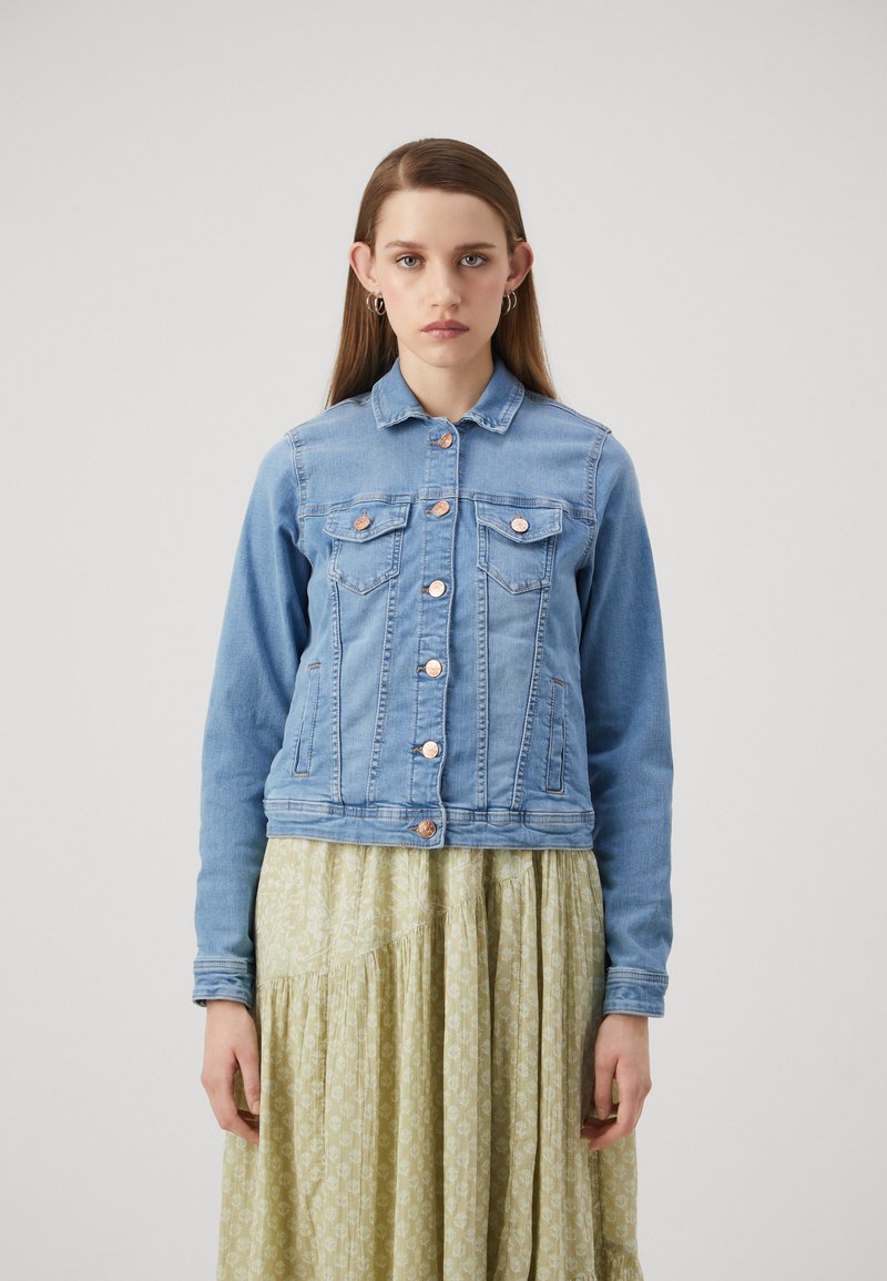 Chaqueta de mezclilla azul claro con cuello, cierre de botones y dos bolsillos en el pecho. Presenta botones en tono cobre y una cintura entallada. Mangas largas.