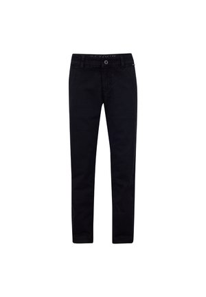 Schwarze Denim-Hosen mit schmaler Passform, detaillierten Nähten, einem Knopfverschluss und einem klassischen Fünf-Taschen-Design.