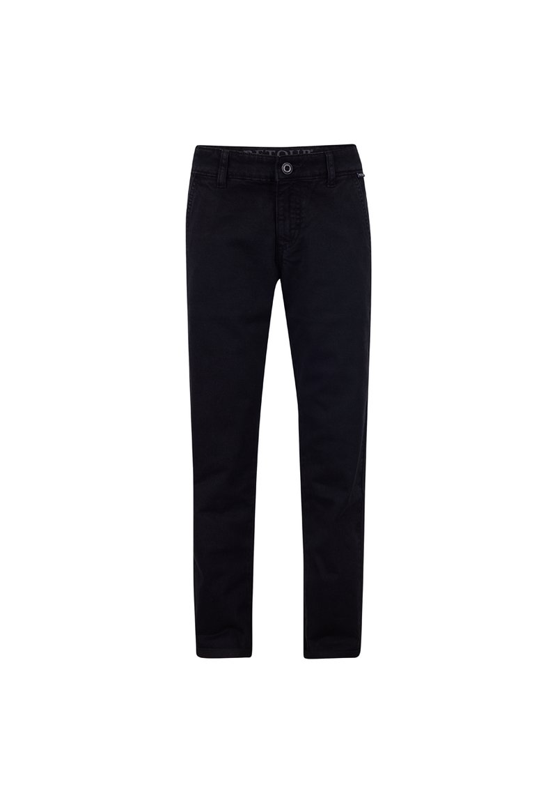 Pantaloni in denim nero con vestibilità slim, cuciture dettagliate, chiusura con bottone e un classico design a cinque tasche.