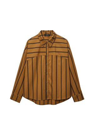 Chemise à manches longues couleur moutarde avec des rayures noires verticales, devant à boutons, col pointu, et coupe décontractée. Tissu doux avec une texture lisse.