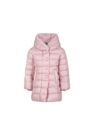 Cappotto imbottito rosa con cappuccio foderato in pelliccia, chiusura a bottoni e design trapuntato. Presenta maniche lunghe e una lunghezza fino al ginocchio.