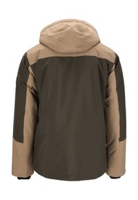 Giacca con cappuccio caratterizzata da un design a blocchi di colore con sezioni verde scuro e cammello. Il materiale appare liscio con una finitura testurizzata.