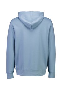 Sudadera azul claro hecha de una tela suave, con un bolsillo tipo canguro, capucha con cordón y puños acanalados, con un diseño liso.