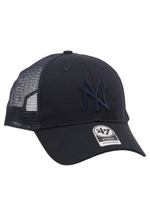 Casquette de baseball marine avec dos en mesh, logo brodé, sangle ajustable, visière incurvée et étiquette indiquant qu'il s'agit d'un style '47 MVP.