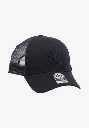 Cappellino da baseball navy con retro in rete, logo ricamato, fascetta regolabile, visiera curva e etichetta che indica che è uno stile '47 MVP.
