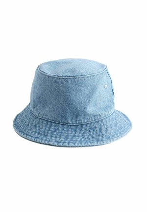 Light blue denim bucket hat with stitched brim and ventilation eyelets, displayed against a plain white background.
