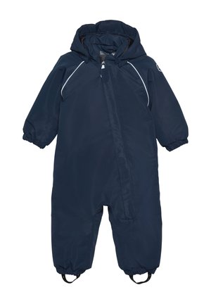 Mörkblå vattentät snödräkt med dragkedja framtill, justerbar huva, elastiska ärmslut och förstärkta fotremmar för en säker passform. Slät, hållbar tyg.