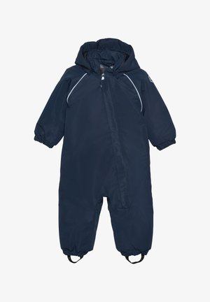 Granatowy, wodoodporny kombinezon zimowy z zamkiem z przodu, regulowanym kapturem, elastycznymi mankietami i wzmocnionymi paskami na stopy zapewniającymi pewne dopasowanie. Gładki, trwały materiał.