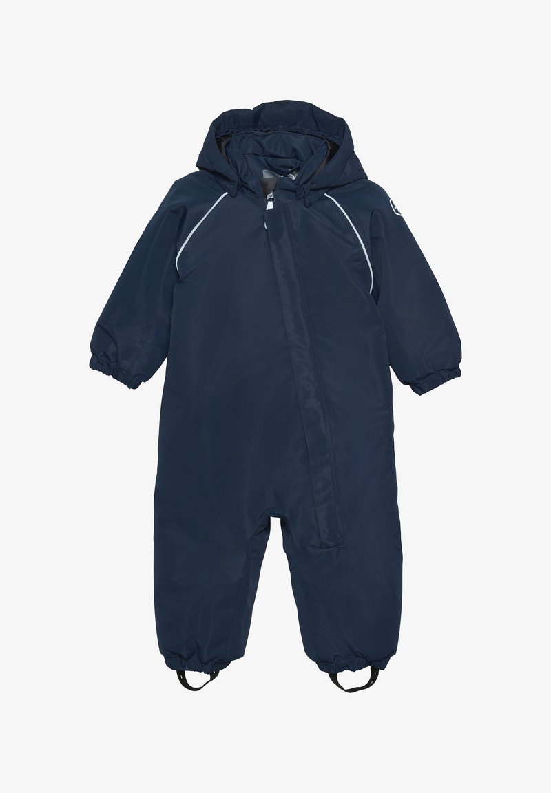 Marineblauwe waterdichte sneeuwpak met een voorrits, verstelbare capuchon, elastische manchetten en versterkte voetbanden voor een stevige pasvorm. Glad, duurzaam materiaal.