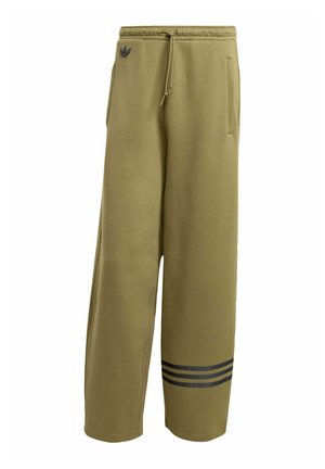 Olive green sweatpants made of soft material, featuring two side pockets and a black three-stripe design at the hem. Drawstring waist.