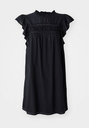 Zwarte jurk met korte ruches mouwen, met een geplooid lijfje en textuur met stippenpatroon. Hoge halslijn en losse pasvorm. Zachte stof.