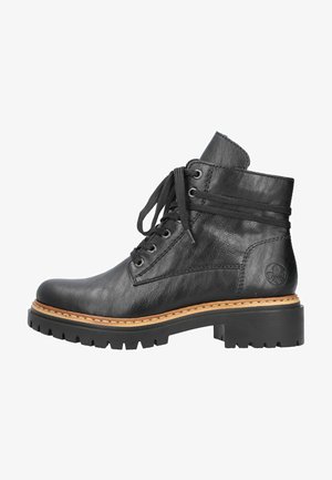 Black leather ankle boot with lace-up design, round toe, and textured finish. Features brown stitching and a chunky rubber sole.
