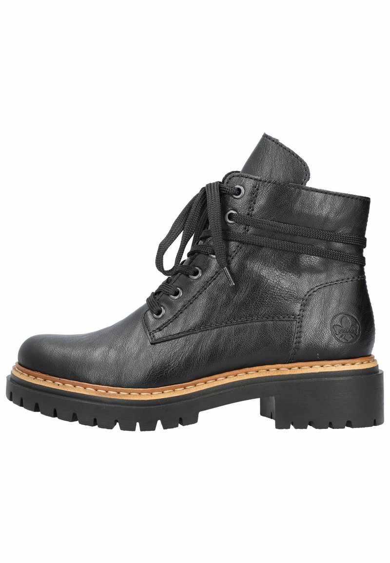 Black leather ankle boots with a rounded toe, lace-up design, and a textured finish. Features a thick, rugged sole and stitched accents.