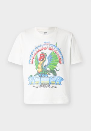 Balta medvilninė marškinėliai su spalvinga drakono ir stadiono grafika, o viršuje išdidintu stiliu parašyta "The Rolling Stones".