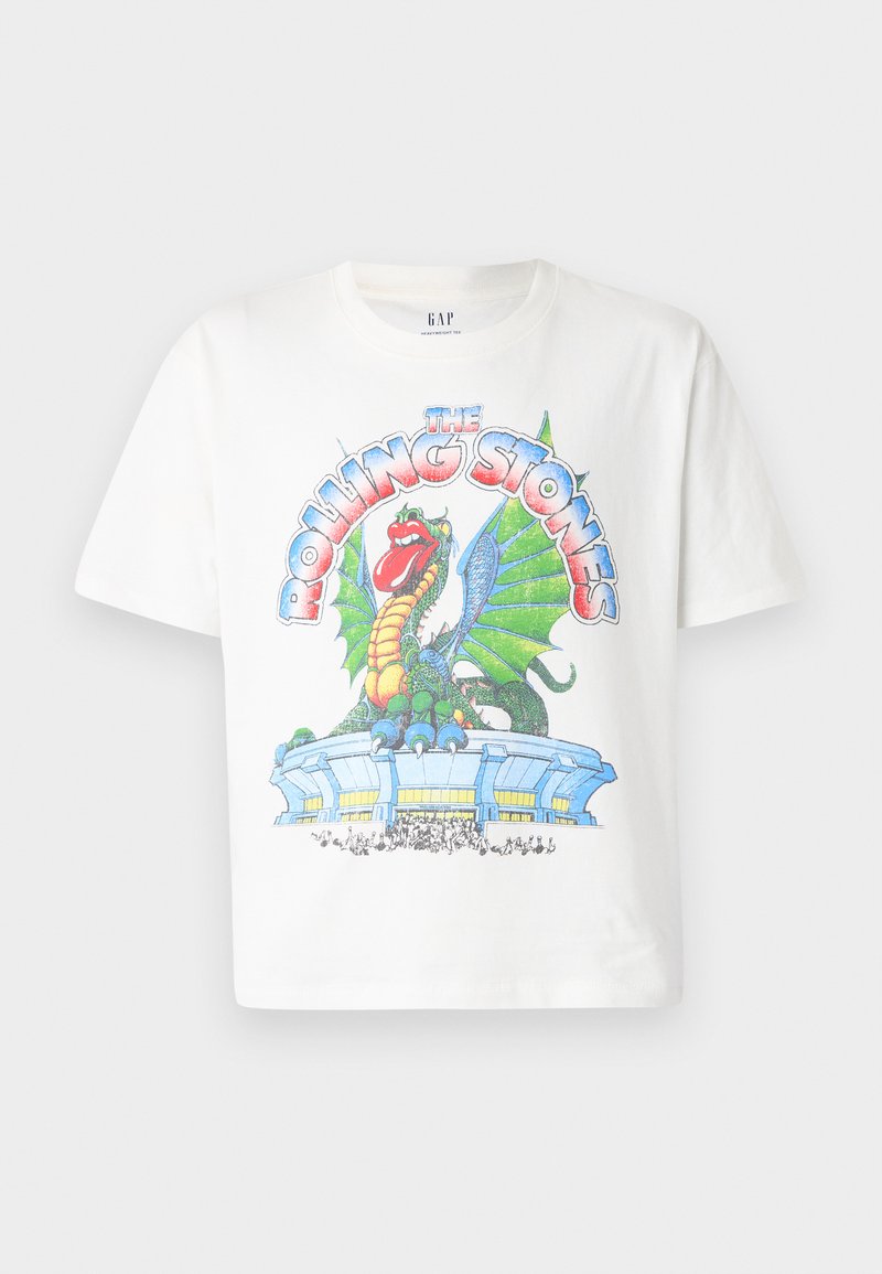 Weißes Baumwoll-T-Shirt mit einem bunten Grafikdruck eines Drachen und eines Stadions, mit dem Text "The Rolling Stones" in fetter, stilisierter Schrift.