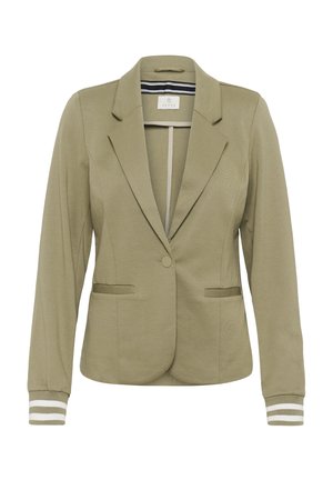 Olivgrüner Blazer mit strukturiertem Design, Einzelknopfverschluss, zwei Vordertaschen und gestreiften Manschetten. Glatter Stoff mit tailliertem Schnitt.
