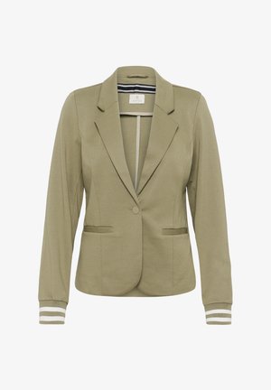 Olivgrüner Blazer mit strukturiertem Design, Einzelknopfverschluss, zwei Vordertaschen und gestreiften Manschetten. Glatter Stoff mit tailliertem Schnitt.
