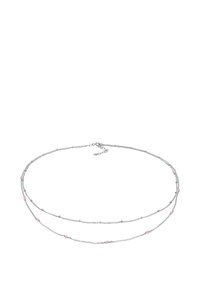 Collana in argento con due fili, presenta perle rosa e accenti argentati, design delicato e link testurizzati, chiusura regolabile.