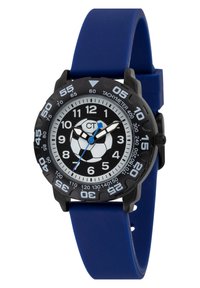 Zwarte horloge met een voetbalontwerp op de wijzerplaat. Voorzien van een blauwe siliconen band en tachymeterschalen. Witte cijfers en wijzers.