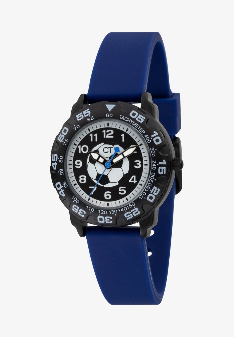 Schwarze Uhr mit einem Design eines Fußballs auf dem Ziffernblatt. Mit einem blauen Silikonarmband und Tachymetermarkierungen. Weiße Zahlen und Zeiger.