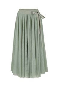 Vihreä, laskostettu midihame, jossa on joustava vyötärö ja logolla varustettu kontrastivärinen nauha. Valmistettu läpikuultavasta, virtaavasta materiaalista.