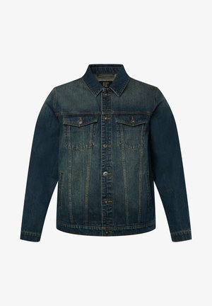 Jeansowa kurtka w ciemnoniebieskim kolorze z wyblakłym wykończeniem, z charakterystycznym kołnierzykiem, zapięciem na guziki, dwiema kieszeniami na piersi oraz detalami przeszycia.