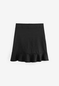 Jupe noire longueur genoux avec une taille cintrée et un ourlet volanté sur un fond clair uni.