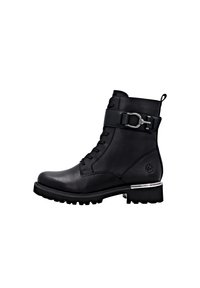 Bottine noire en cuir avec un laçage à l'avant, détail de boucle sur le côté, accents argentés, semelle épaisse et motif texturé pour une meilleure adhérence.
