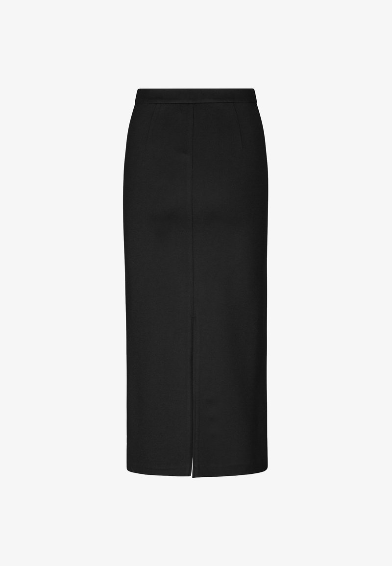 Mustavärinen kynähame, valmistettu sileästä kankaasta, polvipituinen malli, hillitty sivuhalkio ja siistit saumat. Ei näkyviä kuvioita tai koristeita.