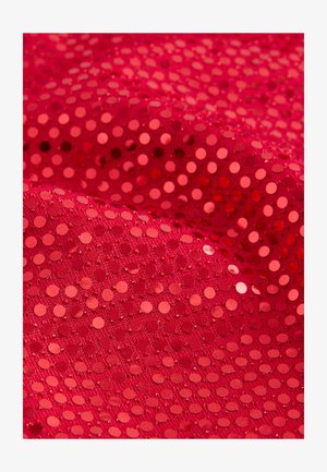 Raudonas audinys su tekstūruota paviršiaus struktūra, ant kurios yra blizgančios apvalios blizgučios įvairių dydžių, sudarančios atspindinčių taškų raštą.