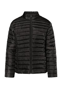 Jachetă puffer neagră cu guler înalt, închidere cu fermoar și cusături orizontale. Fabricată dintr-un material lucios și ușor. Fără buzunare vizibile.