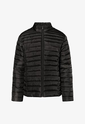 Juodas pūkų švarkas su aukštu kaklu, užtrauktuku ir horizontaliomis siūlėmis. Pagamintas iš blizgaus, lengvo audinio. Nėra matomų kišenių.