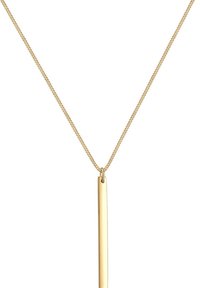Gold pendant necklace on a fine chain, featuring an elongated rectangular pendant. Smooth texture with a polished finish.