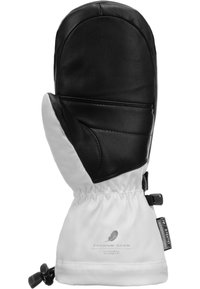 Mitaines en cuir noir et nylon blanc avec poignet élastique et réglage par cordon. Elles disposent d'une isolation en duvet et d'étiquettes de marque sur le poignet.
