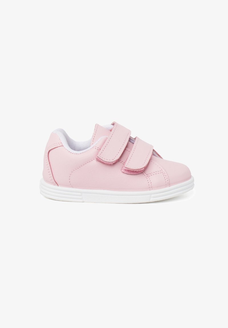 Roosa sünteetiline spordijalanõud kahe Velcro rihmaga, valge kummitald, ümar varvas ja pehmendatud kaelus mugavuse tagamiseks. Lihtne disain, mustriteta.