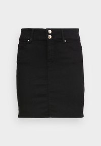 Černá denimová sukně s dvěma stříbrnými knoflíky na pase, design pěti kapes, rovný střih a jemné švy.