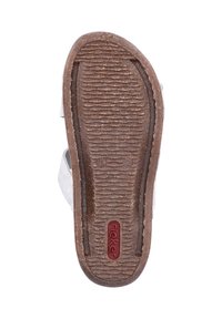 Bruine rubberen zool met gestructureerde grippatronen, voorzien van een centraal logo-inzetstuk. Lichtgrijs leren bovenwerk zichtbaar aan de zijkanten.