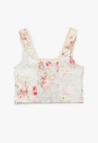 Crop-Top mit Blumenmuster, ausgestattet mit einem gerafften Mittelteil, hellblauem Stoff und einer Spitzenkante am quadratischen Ausschnitt und den Trägern.