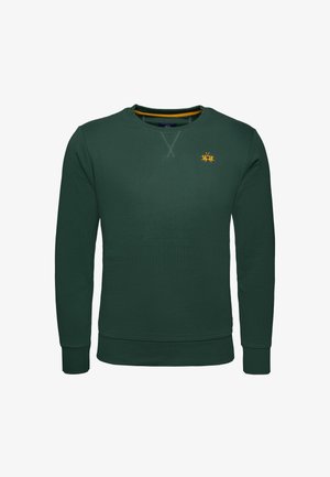 Musta vihreä pitkähihainen crewneck-huppari, jossa on keltainen logo vasemmalla rinnassa sekä ribbed-kainalot ja helma.
