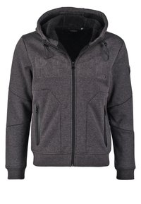 Sweat à capuche zippé gris foncé avec doublure en polaire, capuche réglable avec cordon de serrage, poches avant zippées et poignets et ourlet côtelés.