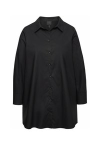 Camicia nera con bottoni realizzata in un tessuto liscio, caratterizzata da un colletto classico, maniche lunghe e una vestibilità rilassata con un orlo dritto.