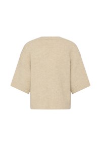 Pull en maille beige à col rond, manches courtes et larges, et finitions côtelées, vu de dos sur fond blanc uni.