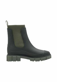 Black rubber Chelsea boots with ribbed green textile upper, thick textured sole, and pull-tab at the back, featuring a rounded toe design.